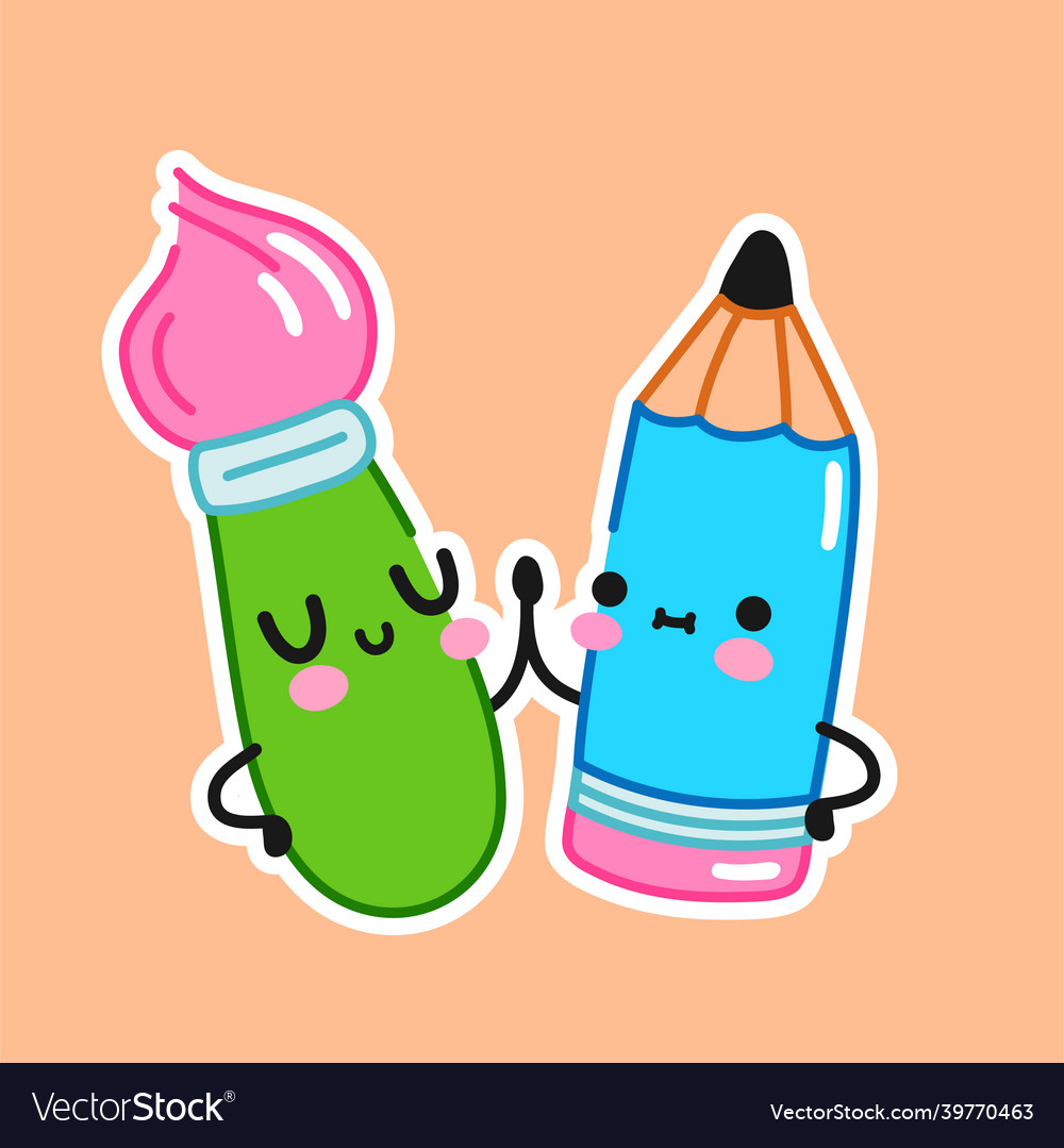 Cute funny brush and pencil flat line Royalty Free Vector