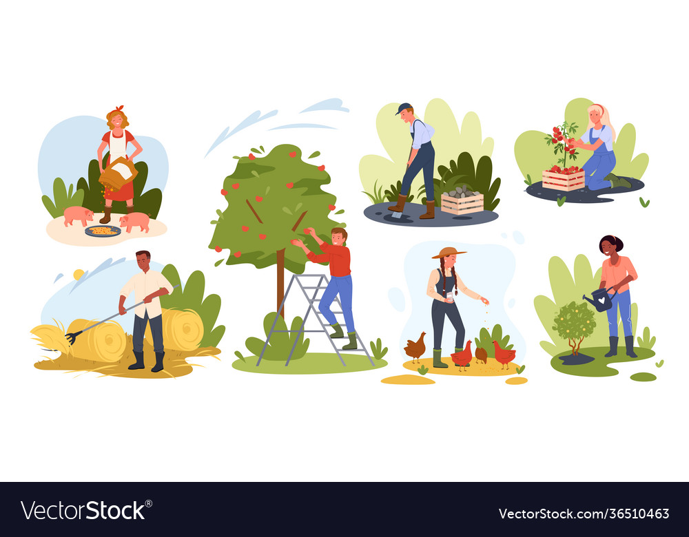 People farming set farmer rancher feeding Vector Image