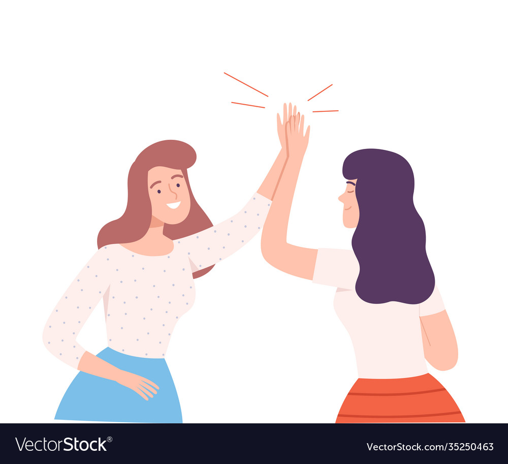 Smiling females sliding hands as high five gesture