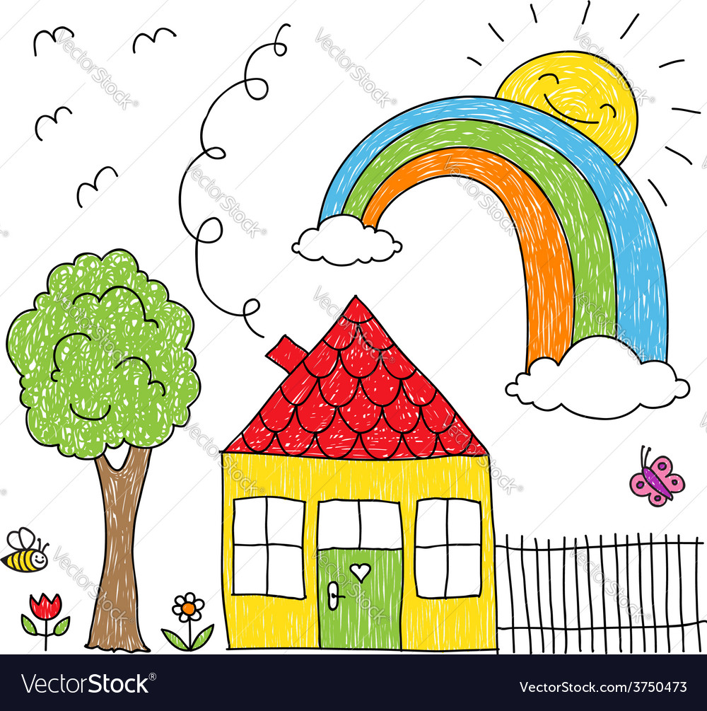 Kid s drawing of a house a tree and a rainbow Vector Image