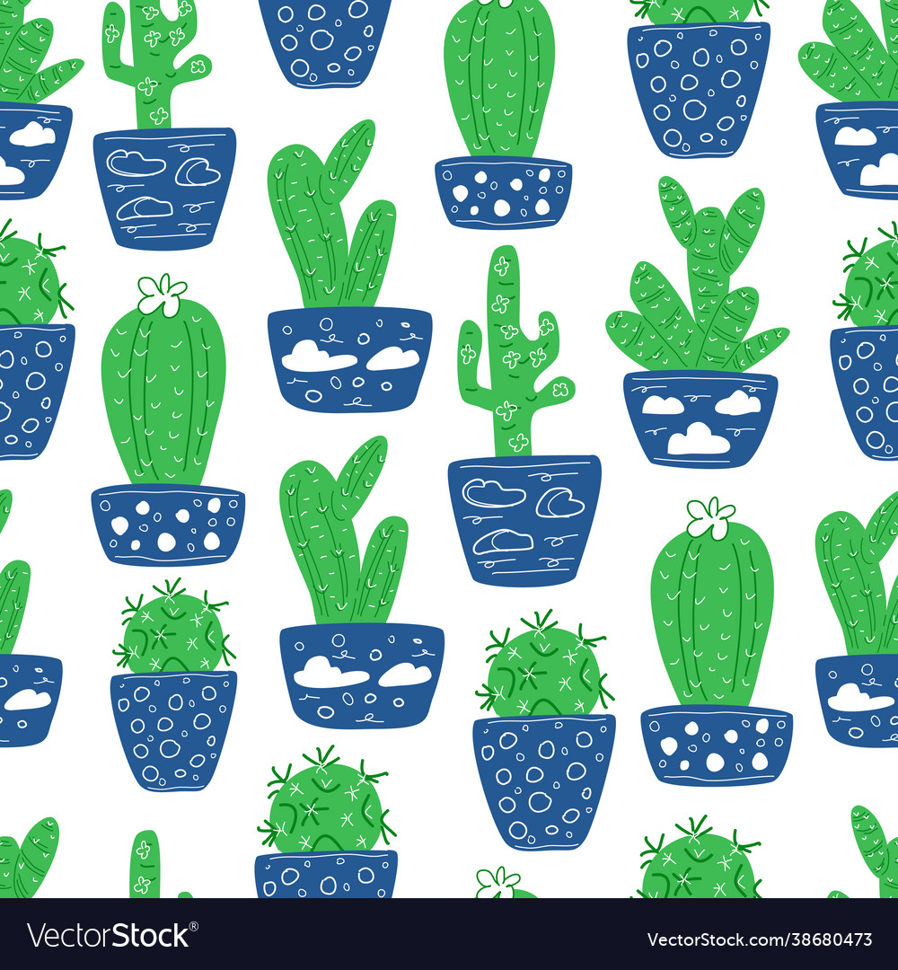 Seamless Pattern With Green Cacti In Blue Pots Vector Image 7787