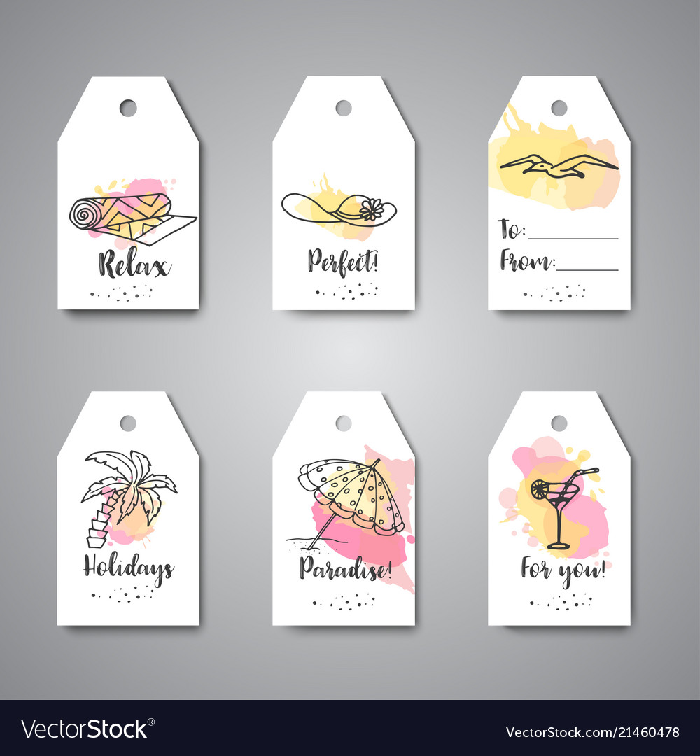 Summer hand drawn gift tags beach doodle elements vector image Summer hand drawn gift tags beach doodle elements