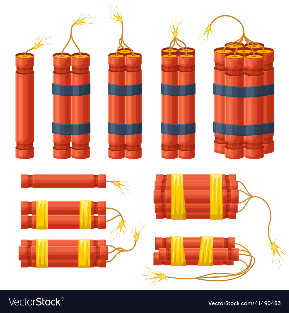 Realistic burning dynamite bomb sticks, 3d explosive red bomb with  explosion timer. Dynamite military weapon, explosive red sticks vector  illustration set. Dynamite sticks Stock Vector