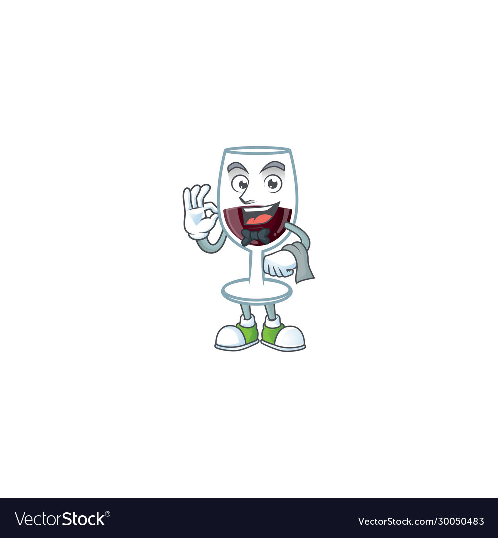 Friendly red glass wine character stand as waiter Vector Image