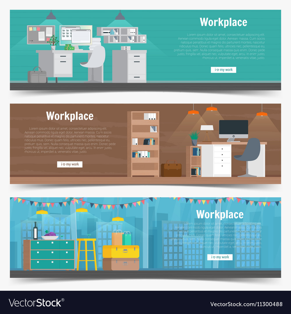 Web Banner Set Office Workplace Interior Design Vector Image