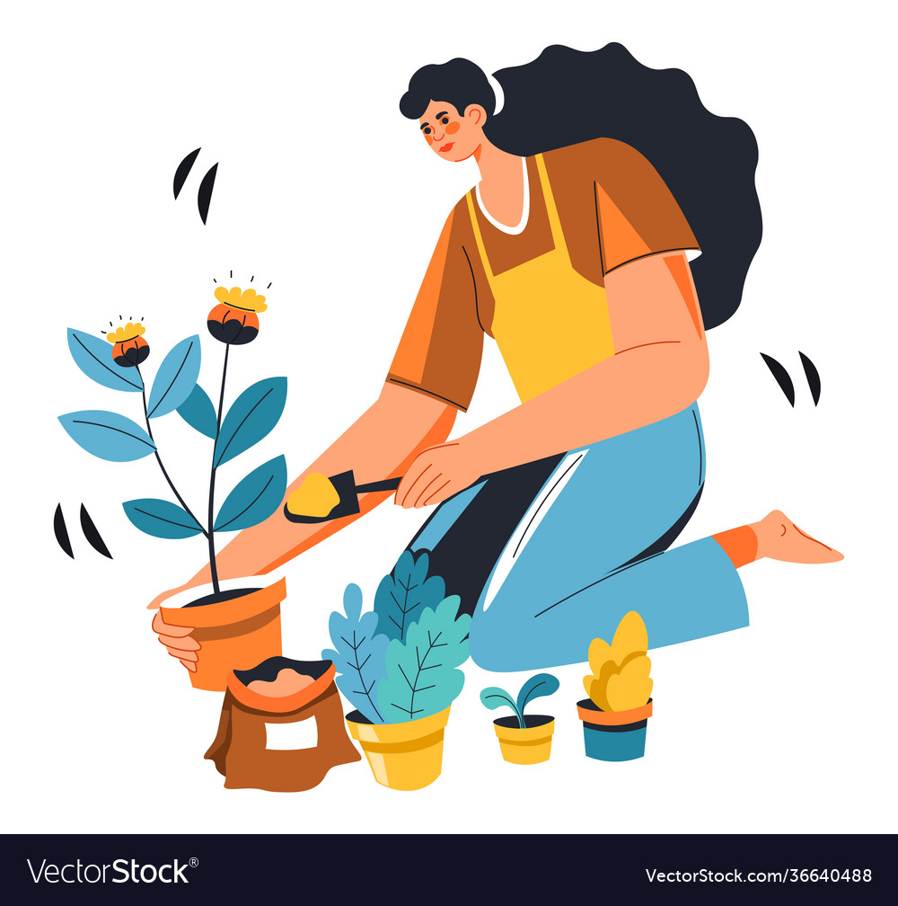 Woman gardening growing plants in pots from seed Vector Image