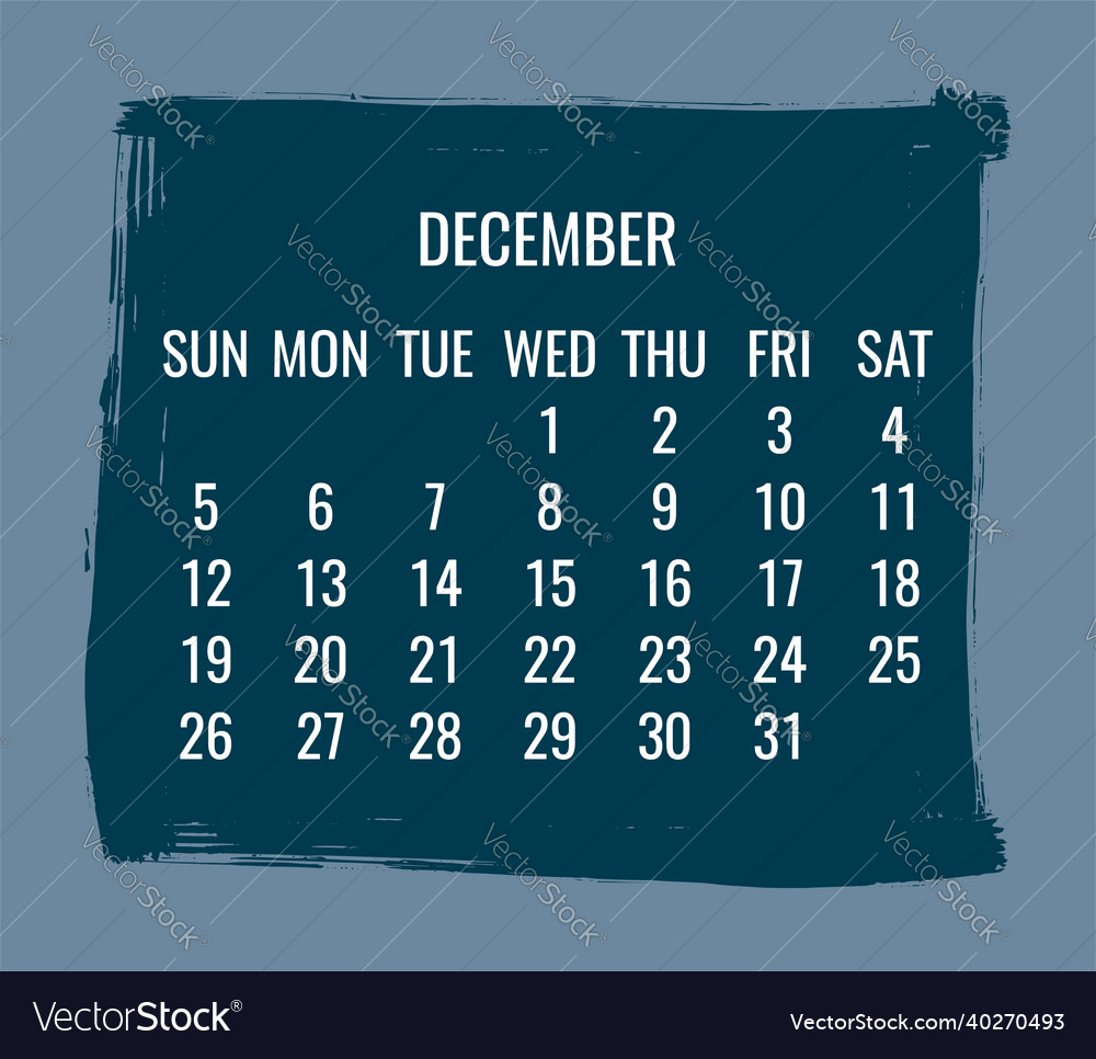 December year 2021 monthly calendar Royalty Free Vector