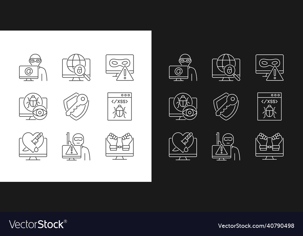 Cyber attacks types linear icons set for dark