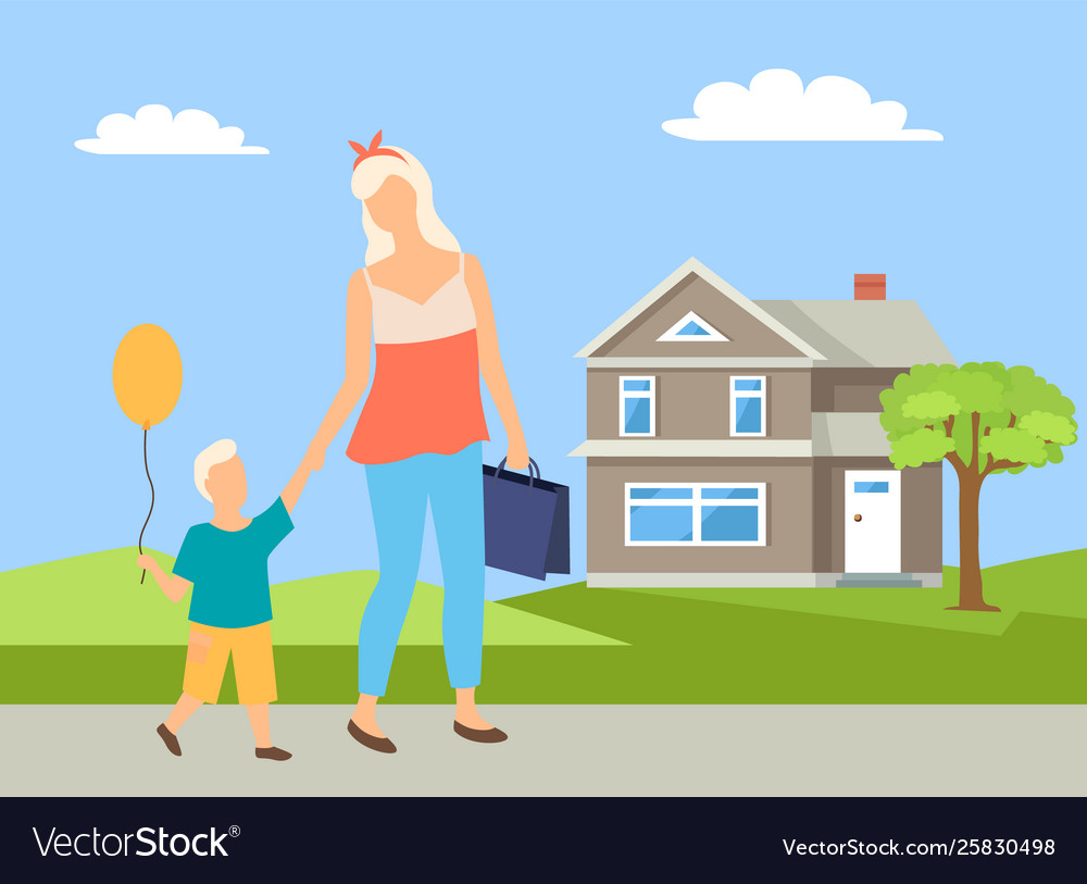 parent-and-child-going-near-house-walking-vector-image