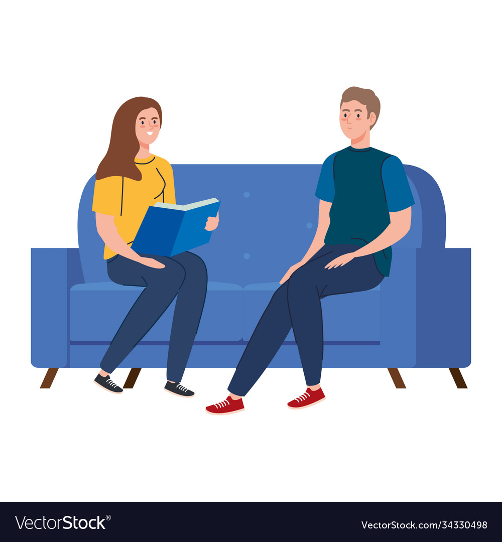 Woman and man sitting on couch reading a book Vector Image