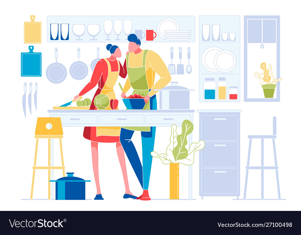 Young loving couple cooking together on kitchen Vector Image