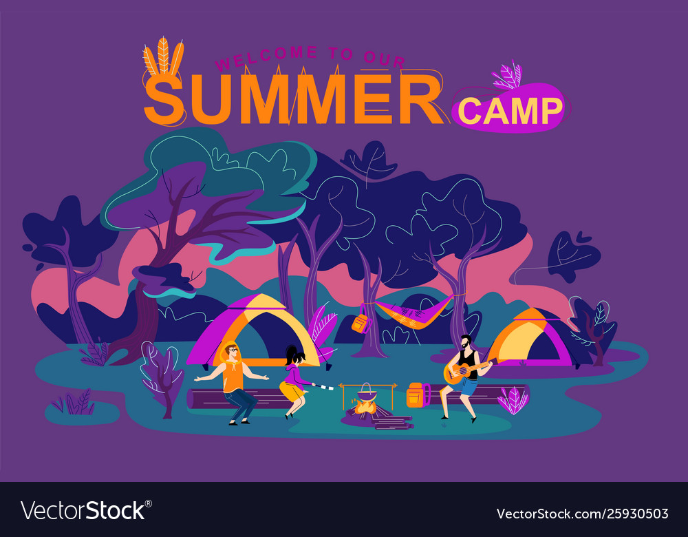 Flat banner inscription welcome to our summer camp