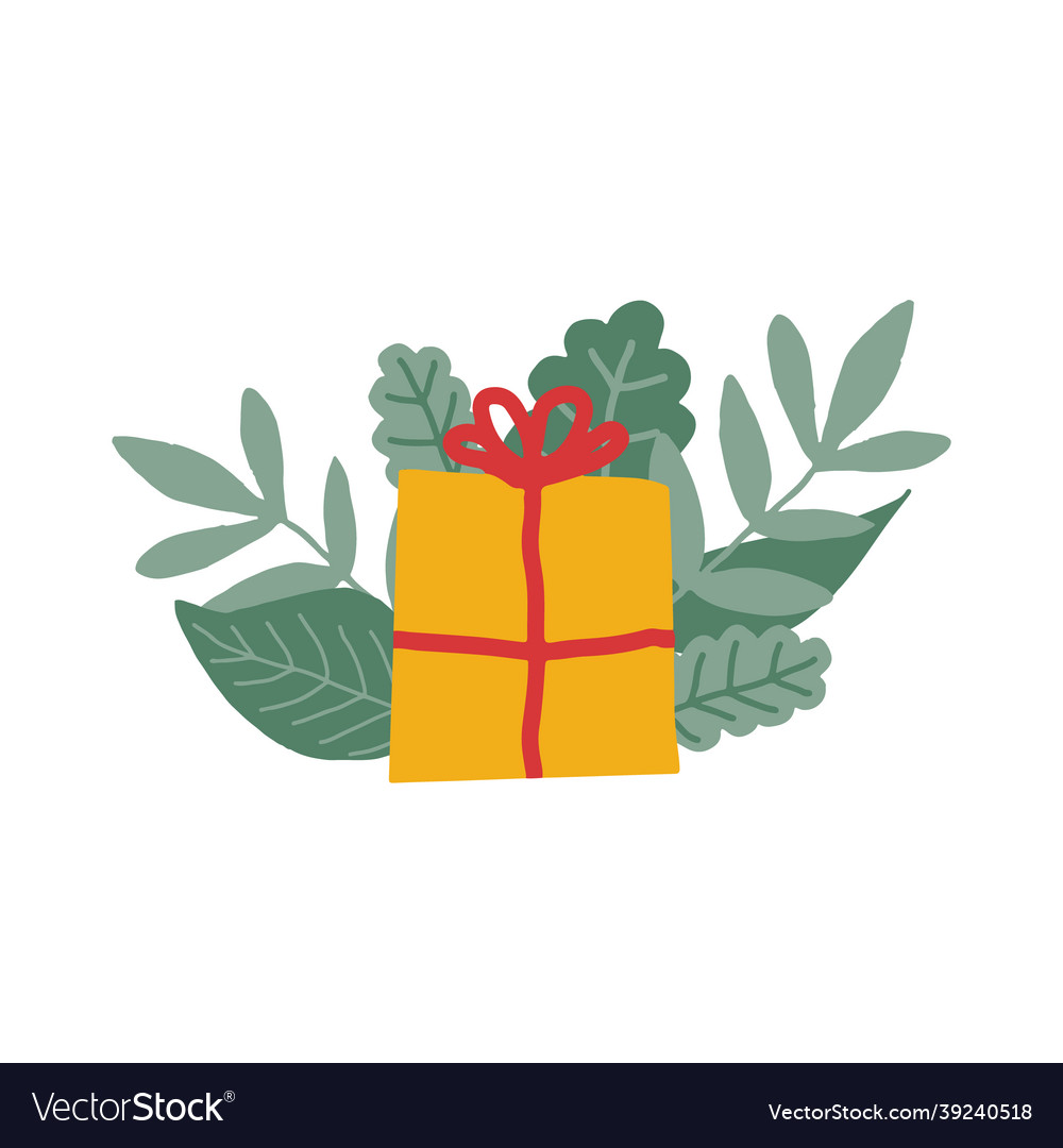 Gift box and leaves hand drawn in trending color Vector Image