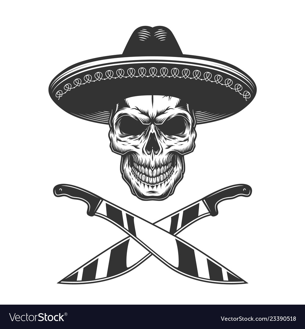 Vintage Monochrome Mexican Skull In Sombrero Vector Image