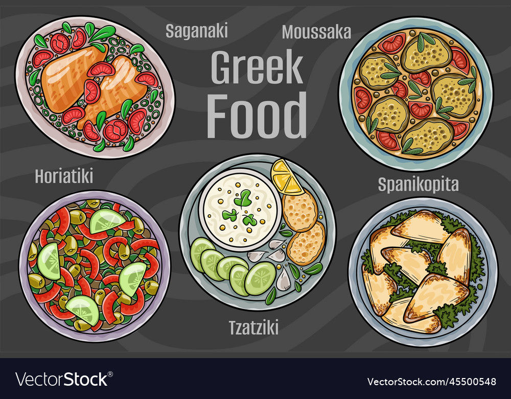 Greek food a set of classic dishes cartoon hand Vector Image