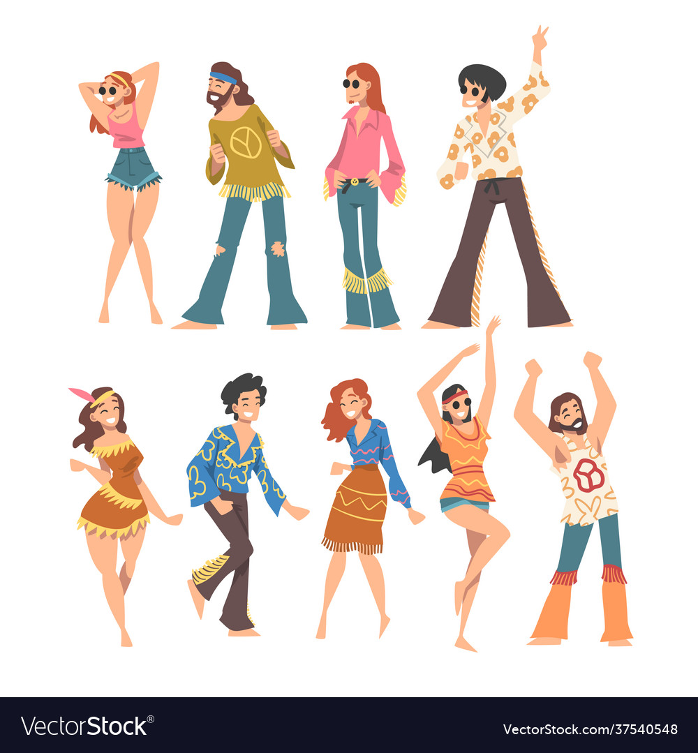 Hippie people characters set young men and women Vector Image