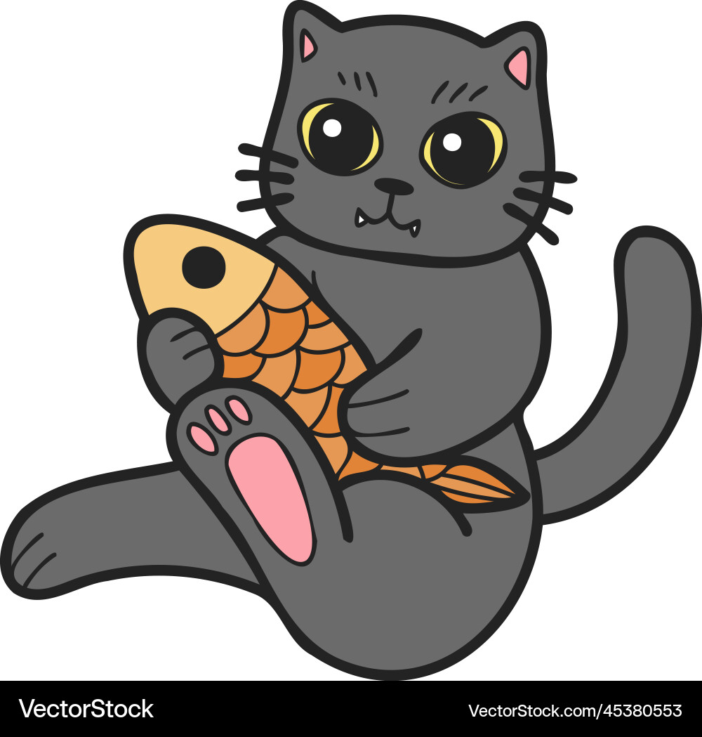 Hand drawn cat eating fish in doodle style Vector Image