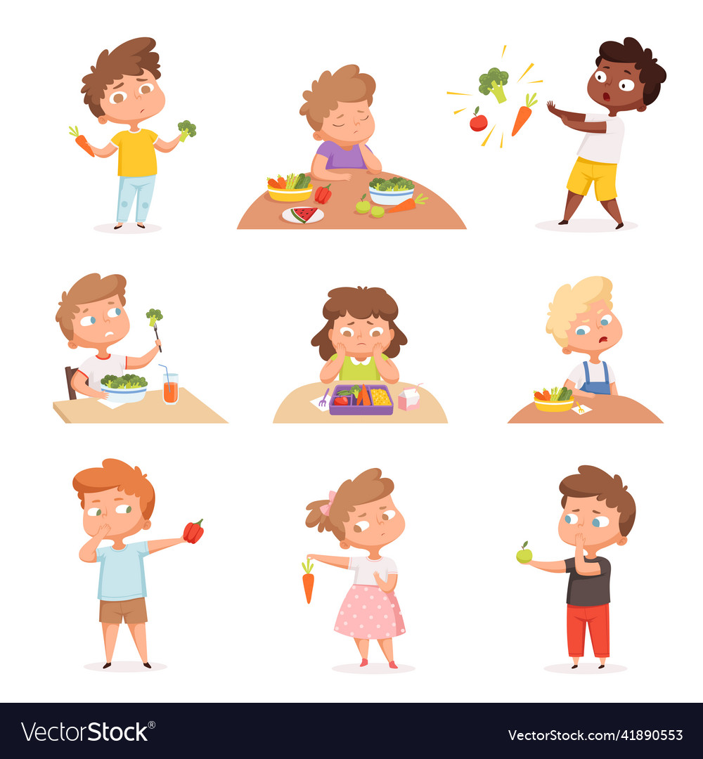 Kids and vegetables little hungry children eating Vector Image