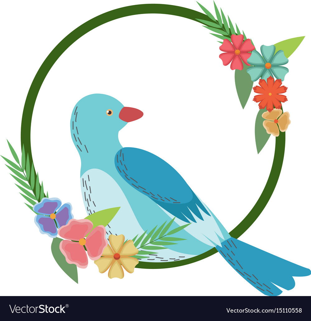 Flowers leaves and love bird frame round natural