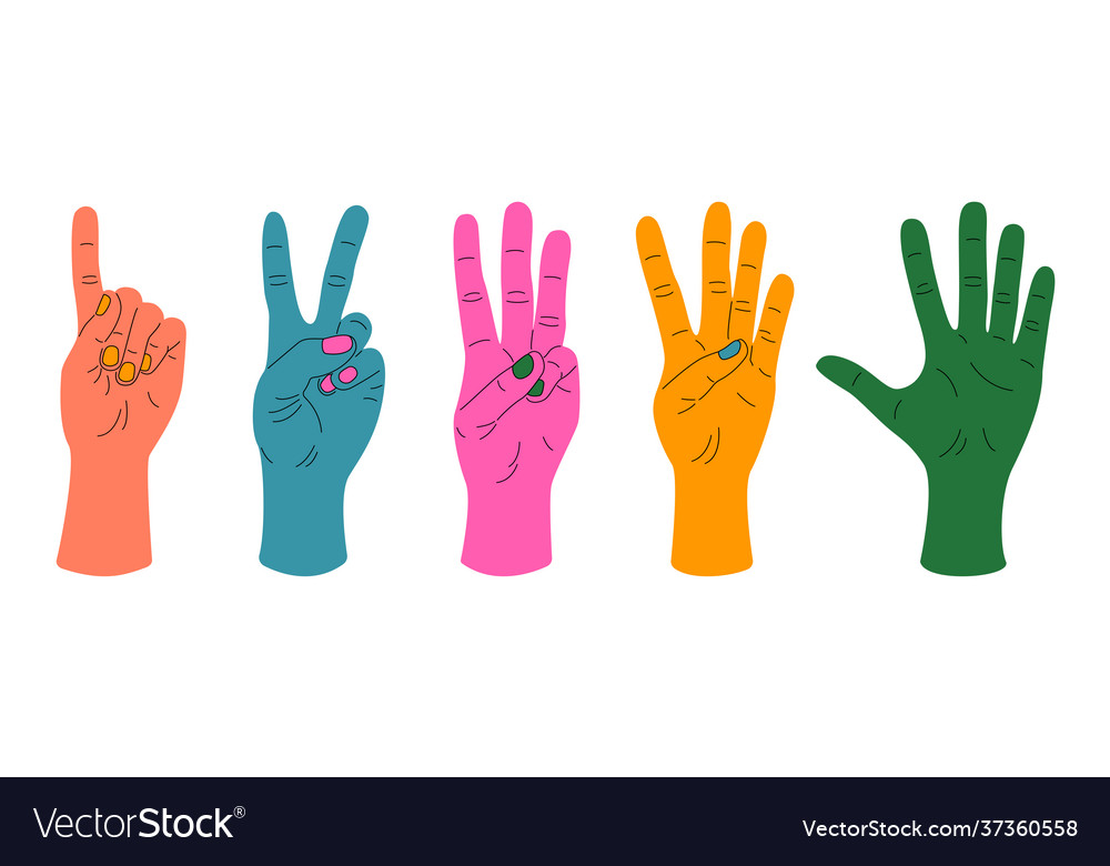 Hand fingers showing numbers colored human wrists Vector Image