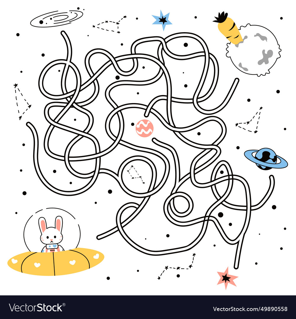 Maze Game Doodle Tangled Path Of Rabbit Flying Vector Image