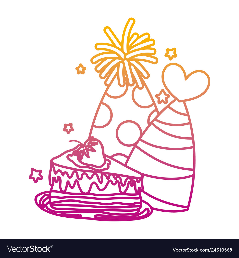 Degraded line party hats with sweet cake birthday Vector Image