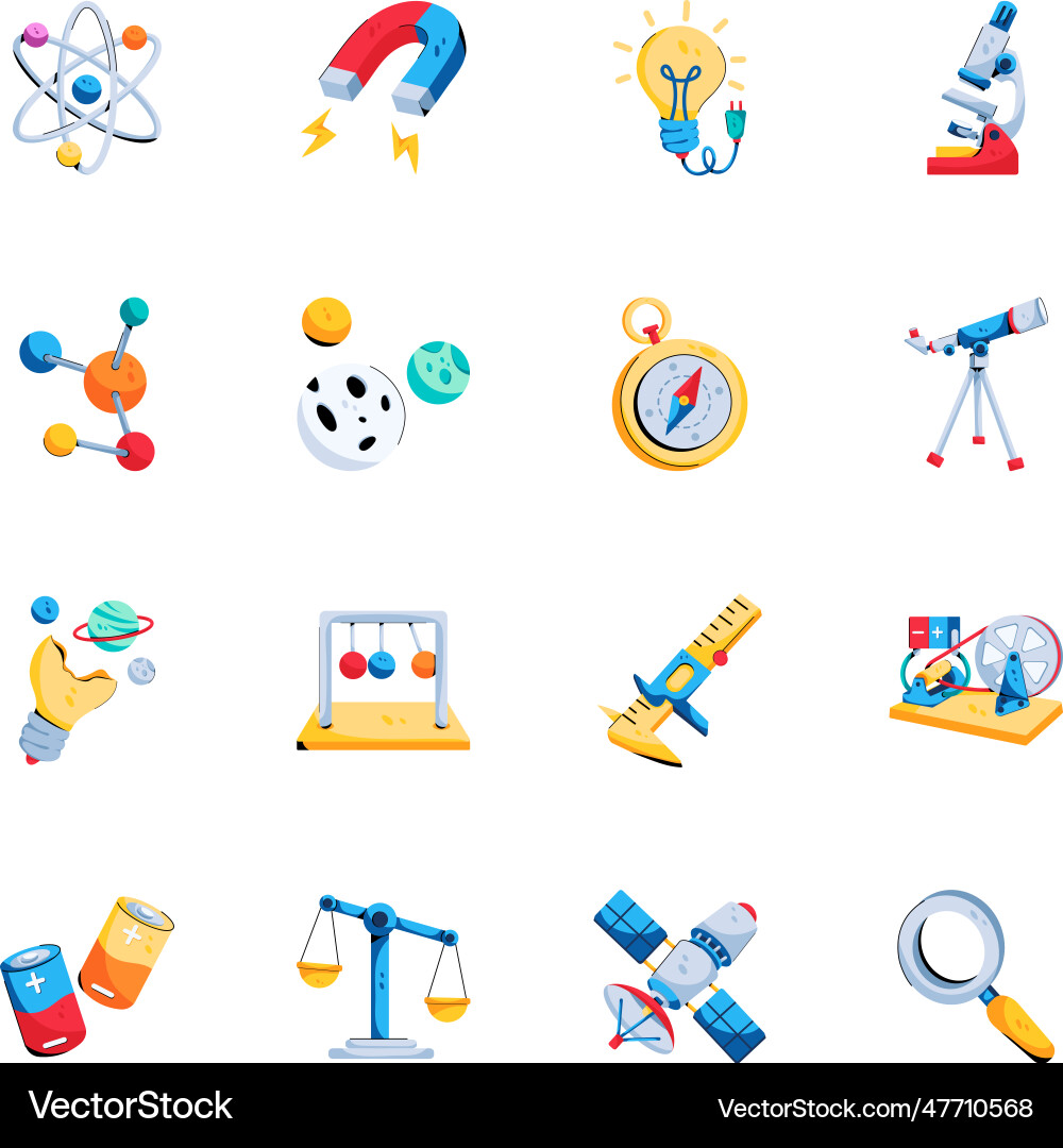Set of physics equipment flat icons Royalty Free Vector