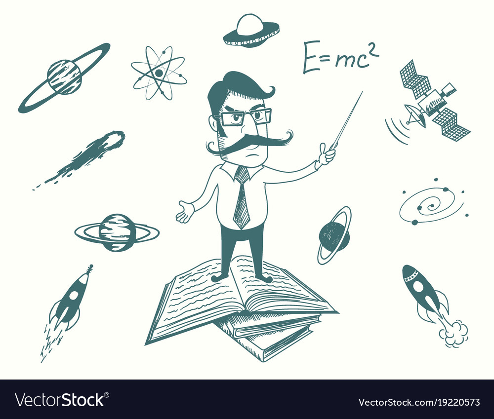 Funny scientist stands on books