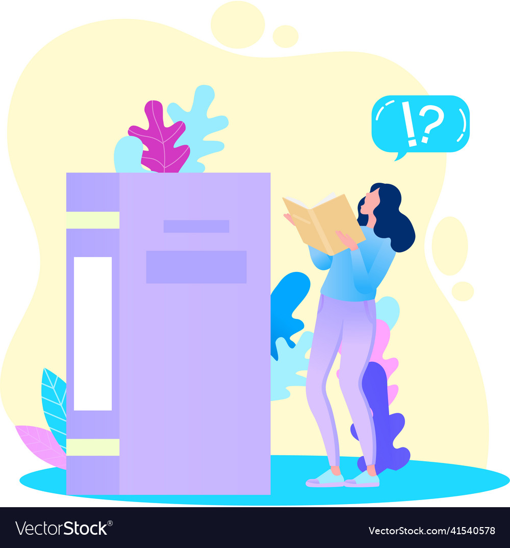 Young woman reading book standing in library near Vector Image