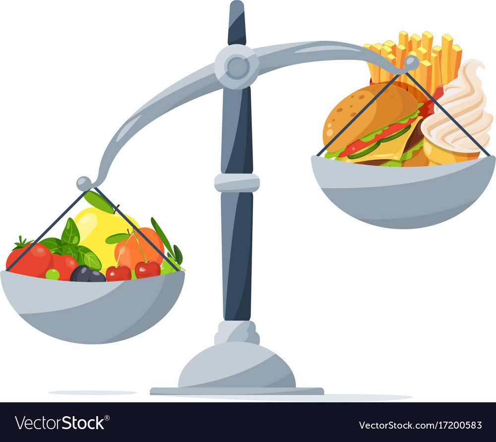 Healthy Food And Fast Food On Scales Choose Vector Image