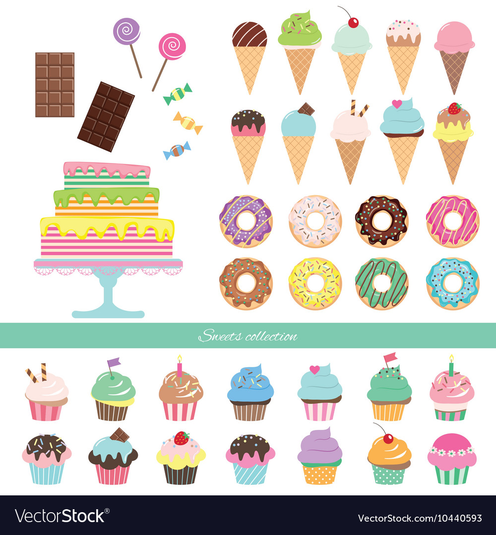 Birthday set with different sweets Royalty Free Vector Image