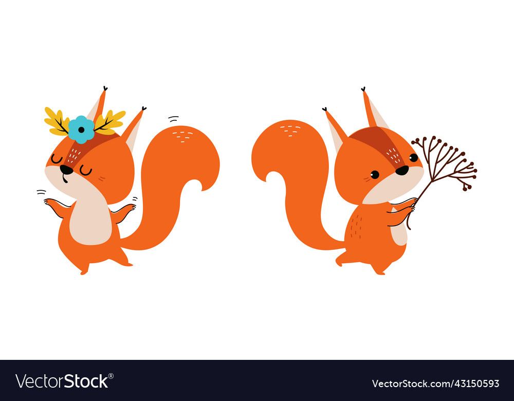 Red fluffy squirrel with bushy tail holding branch