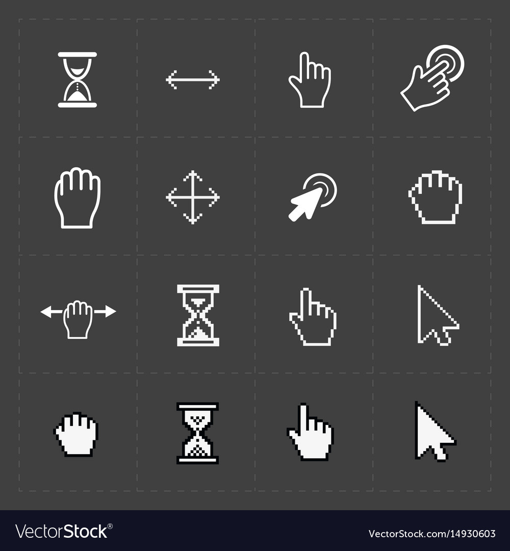 Pixel cursors icons on black Royalty Free Vector Image