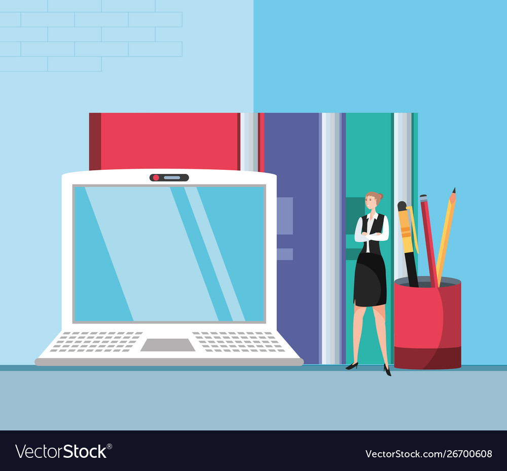 Mini Business Woman With Laptop In Workplace Vector Image Laptop In Workplace Vector Image