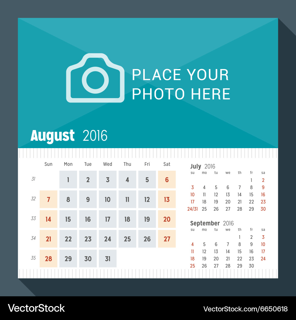 August 16 Desk Calendar For 16 Year Week Vector Image
