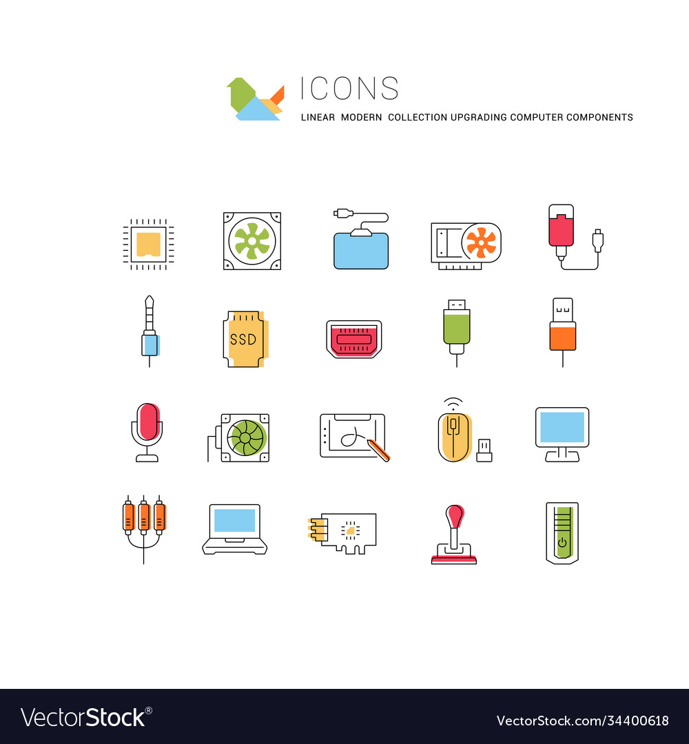 Set line icons upgrading computer components