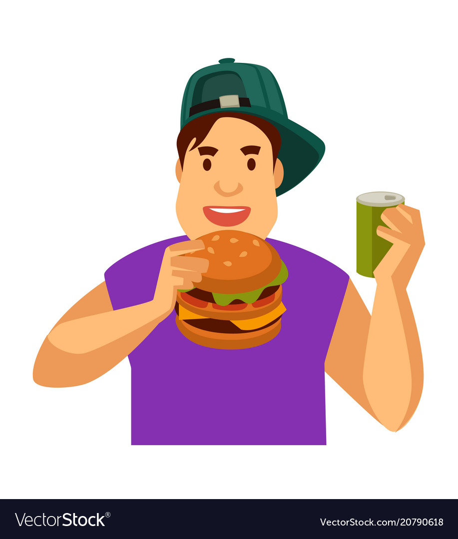 Young guy eats fast food and drinks soda in can Vector Image