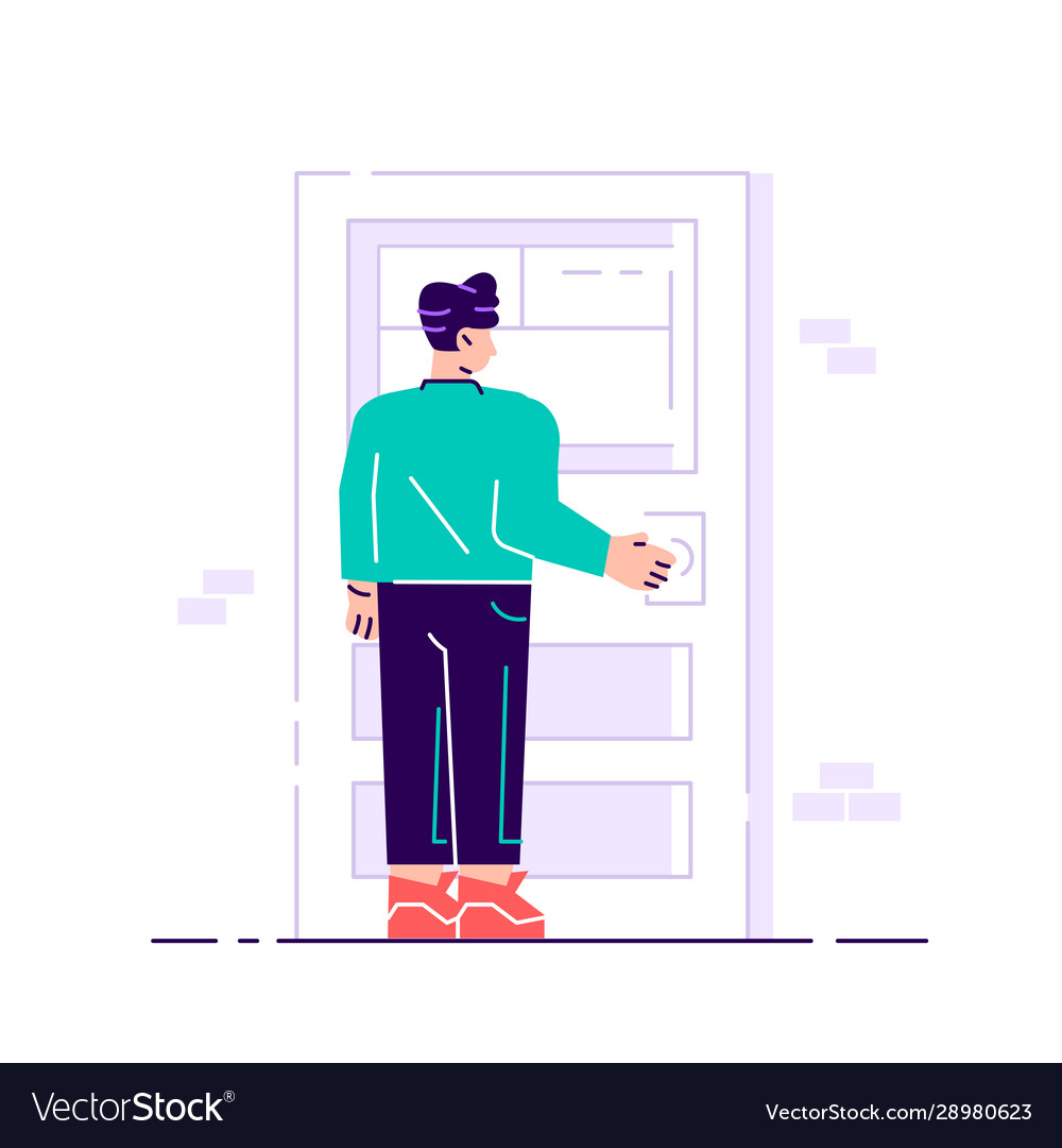 Young female character holding a door knob Vector Image