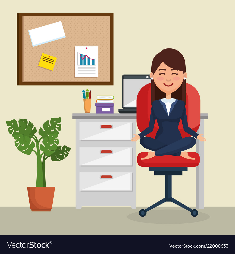 Business woman practicing yoga in office chair Vector Image