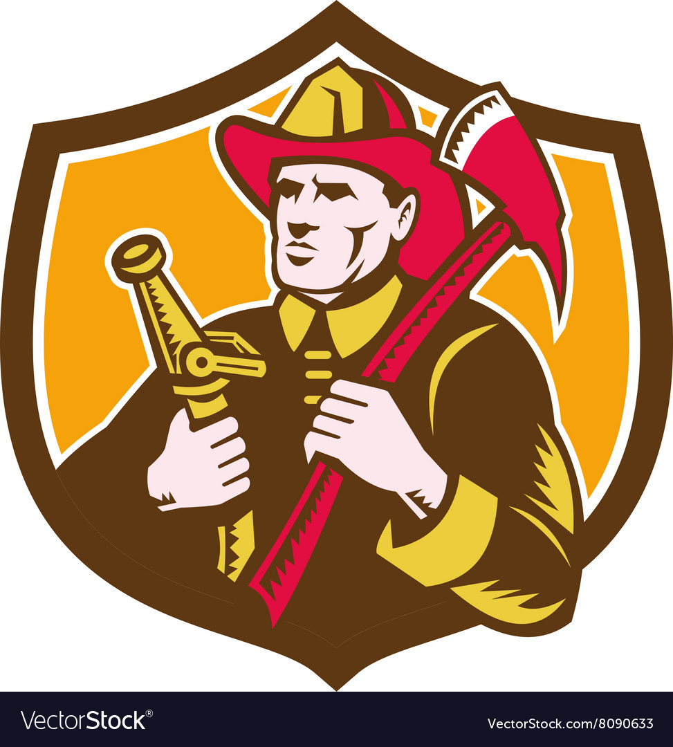 Fireman firefighter axe hose crest woodcut Vector Image