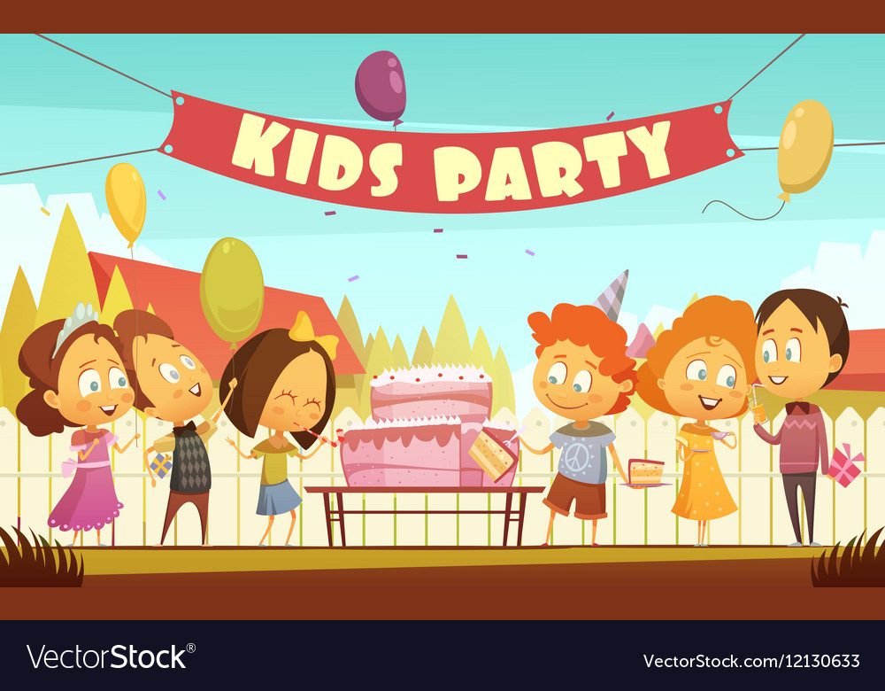 Party Cartoon Images, Group Of Kids Celebrating A Party Stock ...