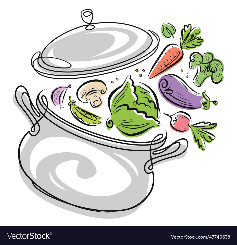 Fresh farm vegetables and kitchen pot cooking Vector Image