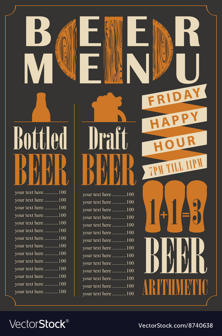 Menu for the pub for bottled and draft beer Vector Image