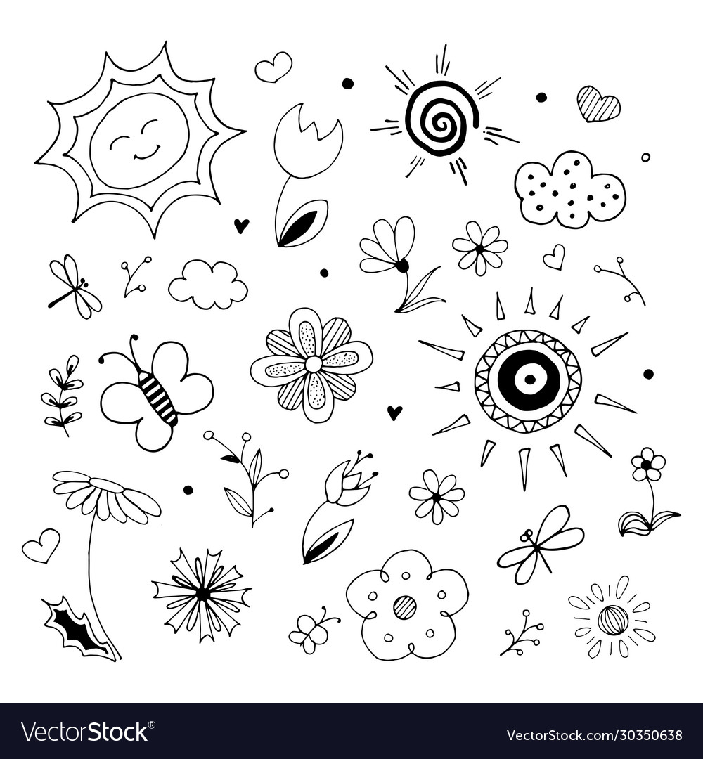 Spring hand drawn set sketchy line art Royalty Free Vector