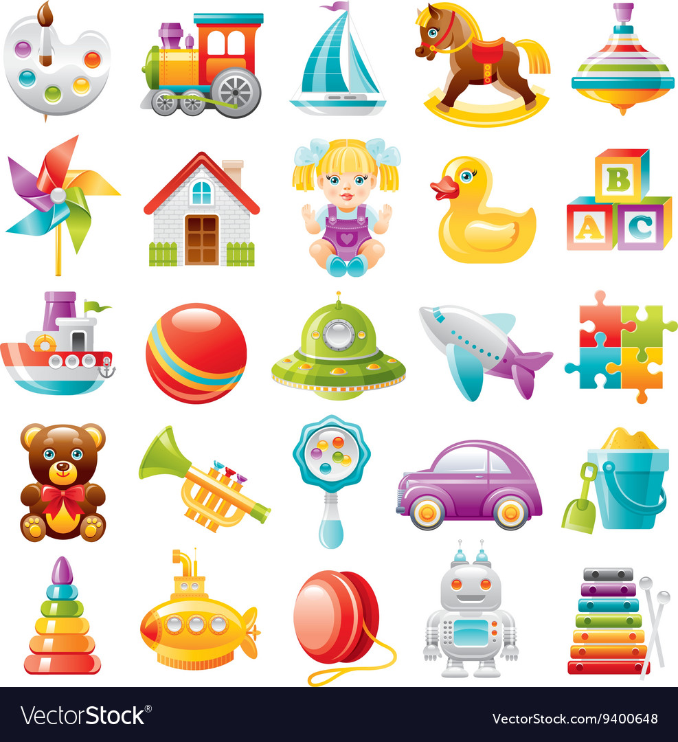 Baby toys icon set palette train yaht horse Vector Image