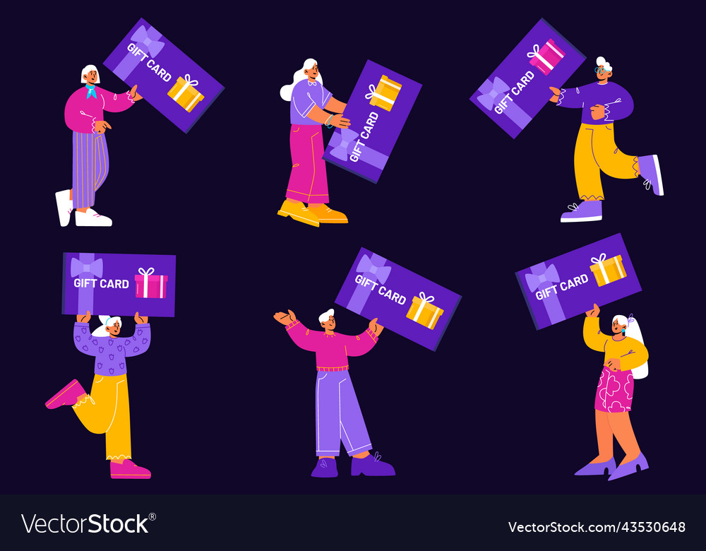 Happy people hold gift card shopping certificates vector image Happy people hold gift card shopping certificates