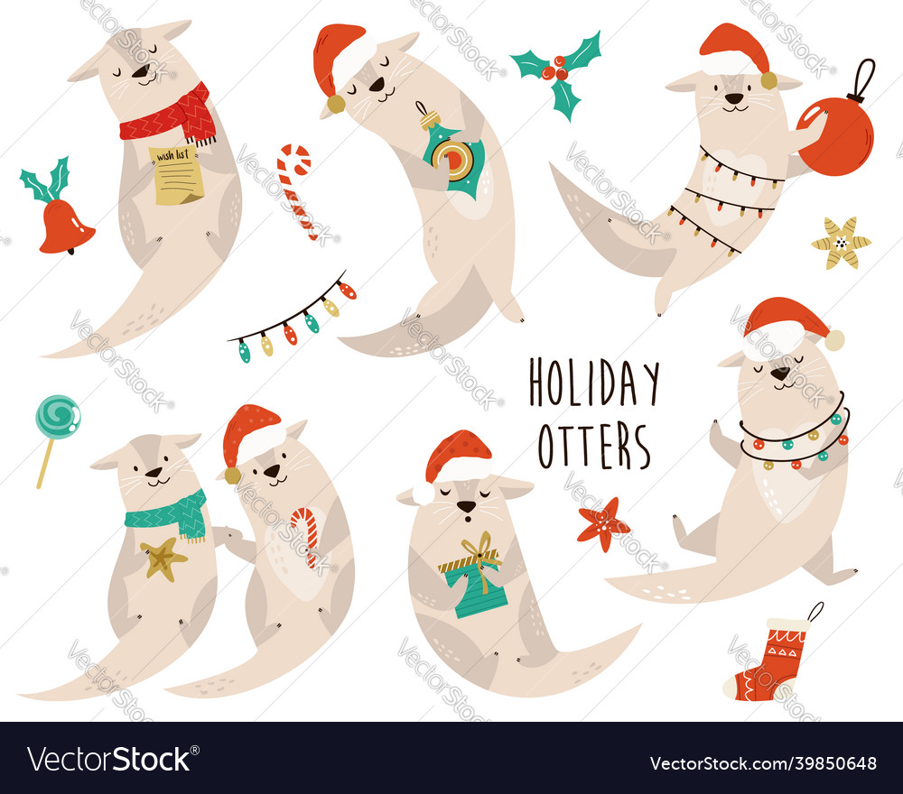 Set of funny and cute christmas otters in winter vector image Set of funny and cute christmas otters in winter