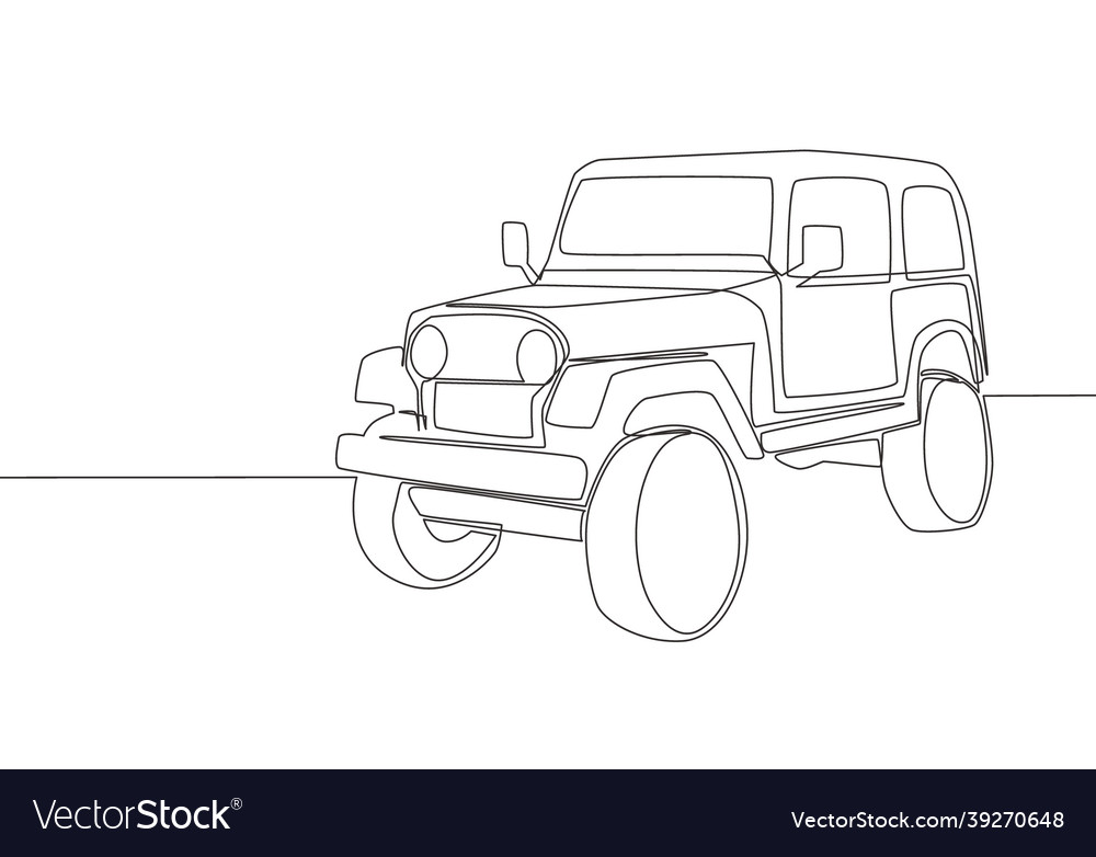 Single line drawing of tough 4x4 speed jeep Vector Image