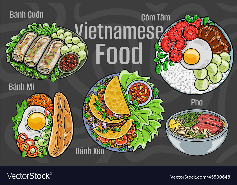 Vietnamese food a set of classic dishes cartoon Vector Image