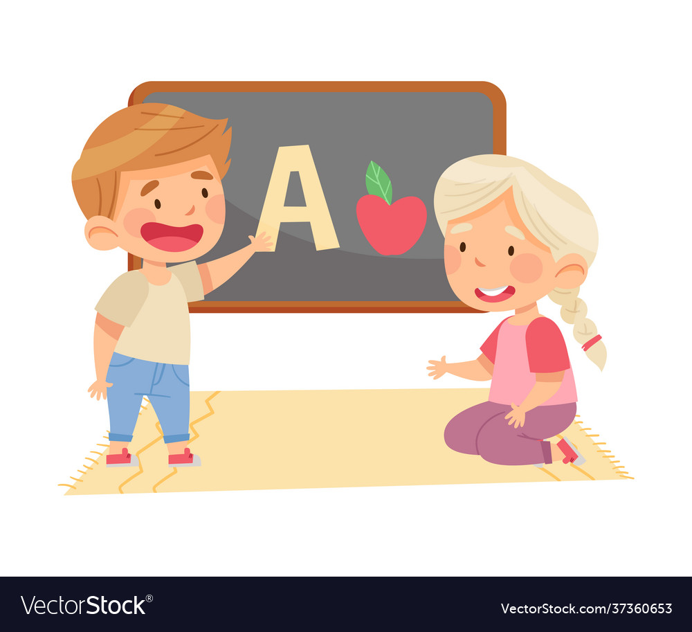 Little Girl And Boy In Kindergarden Learning Vector Image